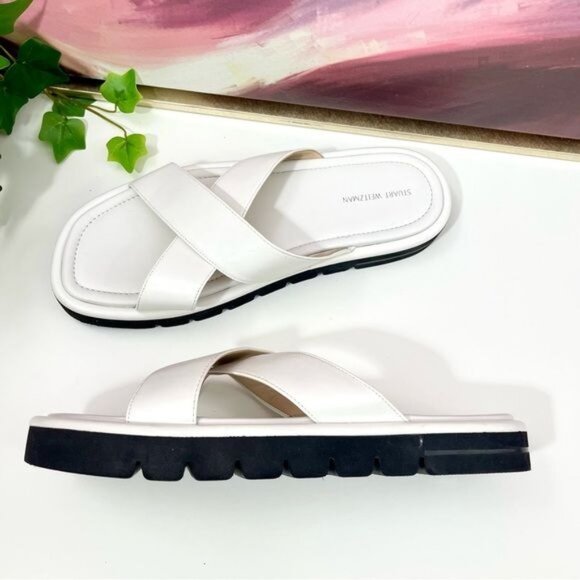 Stuart Weitzman Elodie Leather Crisscross Slide Sandal in White Size 10 - Picture 7 of 9